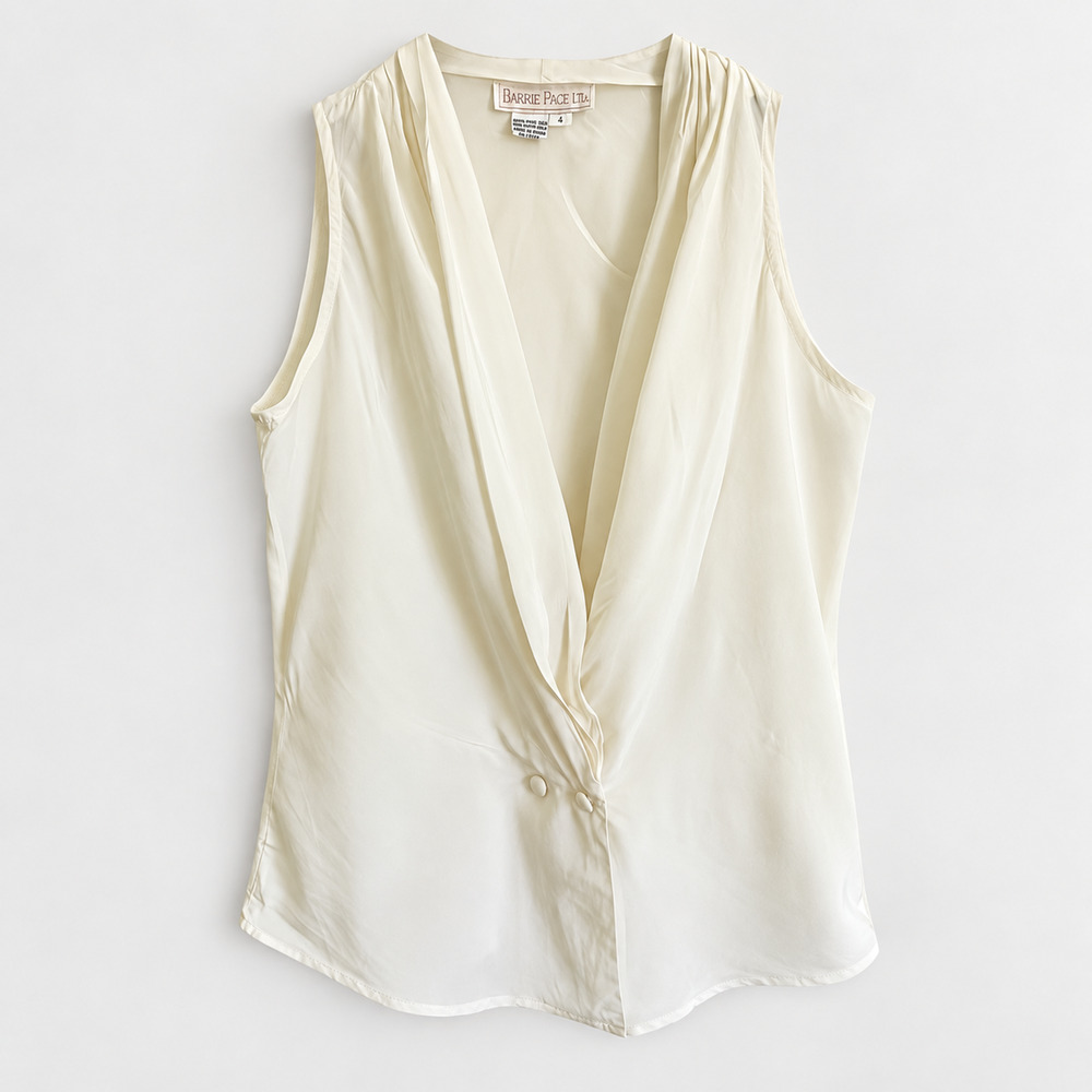 Vintage 90s Barrie Pace Ivory 100% Silk Draped Wrap Blouse Size 4